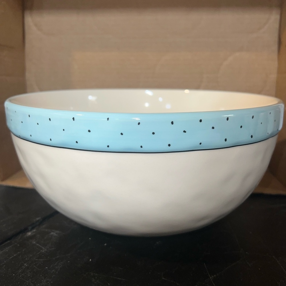 Rae Dunn White Bowl with Blue Speckled Rim